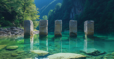 Five stone pillars in a lake