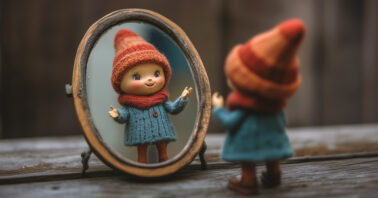 Figurine talking to themselves in front of a mirror