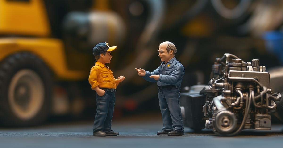 Figurines of mechanics having a discussion