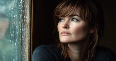 Woman looking outside of window