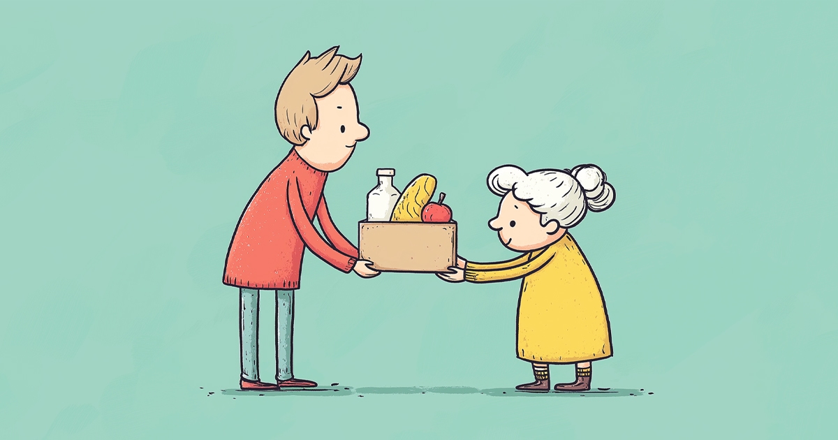 Person giving a box of groceries to another