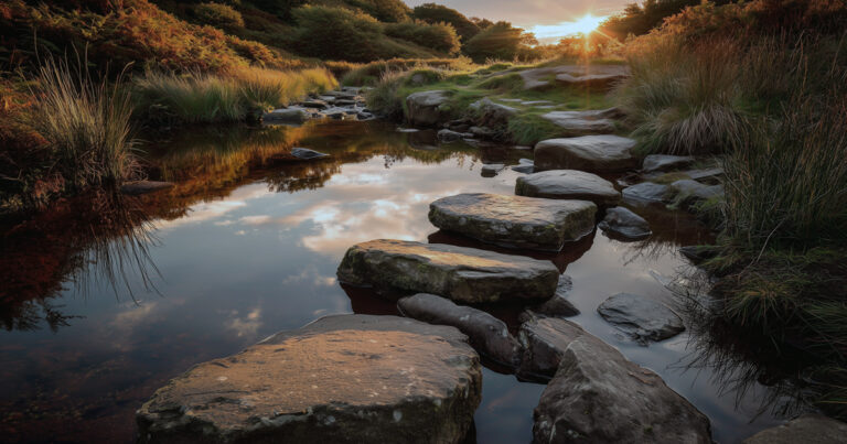Stepping stone crossing at sunset