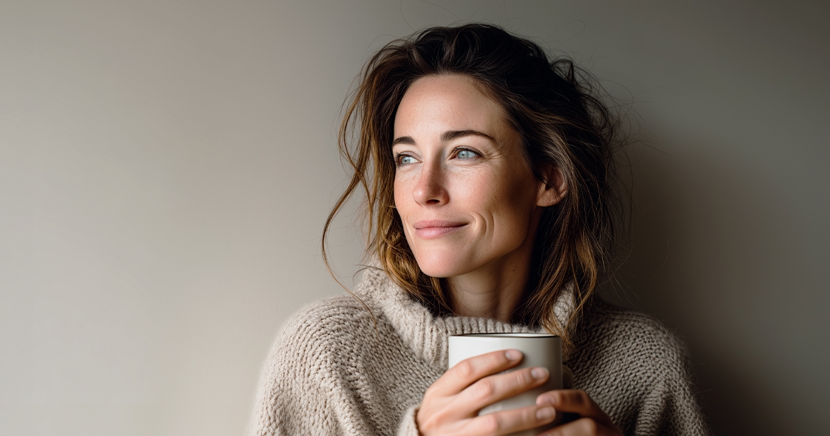 Woman holding a mug looking relaxed