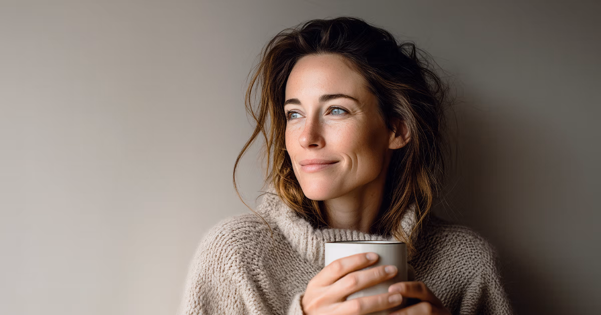Woman holding a mug looking relaxed