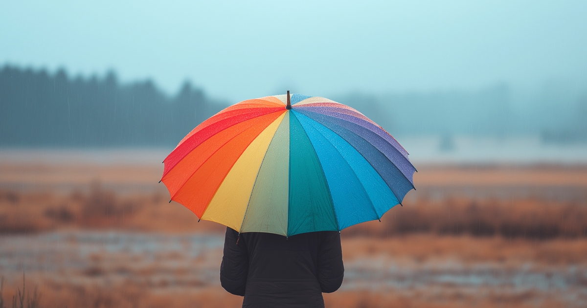 Colourful umbrella on a rainy day