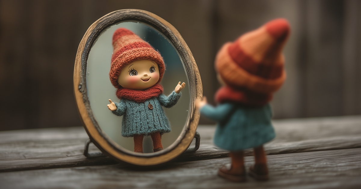 Figurine talking to themselves in front of a mirror